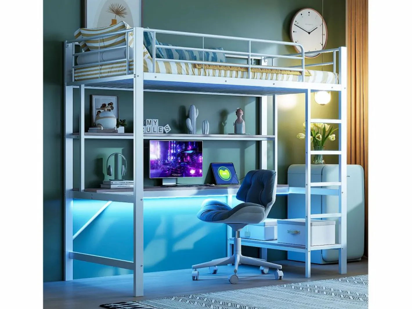Hauss Spole Cama alta tipo mezzanine 90x200 cm de metal – con barandilla, escalera, USB y enchufe, LED, escritorio y estantería integrada – Blanca (sin colchón) Blanco