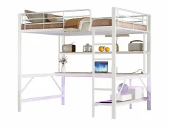Cama alta 140x200 cm - con barreras - con escalera - con USB y enchufes - con luz LED - con escritorio + estantes de varios niveles - (sin colchón)^ModernLuxe Sale