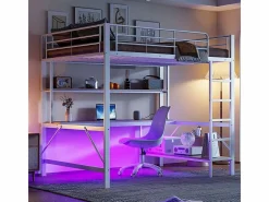 Cama alta 140x200 cm - con barreras - con escalera - con USB y enchufes - con luz LED - con escritorio + estantes de varios niveles - (sin colchón)^ModernLuxe Sale
