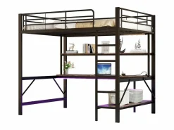Cama alta 140x200 cm - con barreras - con escalera - con USB y enchufes - con luz LED - con escritorio + estantes de varios niveles - negra (sin colchón)^ModernLuxe Hot