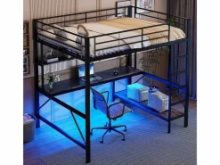 Cama alta 140x200 cm - con barreras - con escalera - con USB y enchufes - con luz LED - con escritorio + estantes de varios niveles - negra (sin colchón)^ModernLuxe Hot