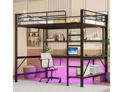 Cama alta 140x200 cm - con barreras - con escalera - con USB y enchufes - con luz LED - con escritorio + estantes de varios niveles - negra (sin colchón)^ModernLuxe Hot