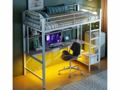 ModernLuxe Cama Alta|Cama alta 90x200 cm - con barreras - con escalera - con USB y enchufes - con luz LED - con escritorio + estantes de varios niveles - (sin colchón)