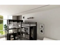 ModernLuxe Cama alta 140x200 cm - con escritorio y estante de almacenamiento - con guardarropa - con escalera - Metal + tableros de partículas - Negro Hot