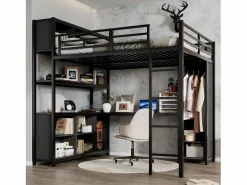 ModernLuxe Cama alta 140x200 cm - con escritorio y estante de almacenamiento - con guardarropa - con escalera - Metal + tableros de partículas - Negro Hot