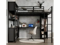 ModernLuxe Cama alta 140x200 cm - con escritorio y estante de almacenamiento - con guardarropa - con escalera - Metal + tableros de partículas - Negro Hot