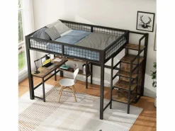 Cama alta 140x200 cm - estructura de hierro - con escritorio y estantes -^ModernLuxe Online