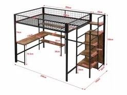 Cama alta 140x200 cm - estructura de hierro - con escritorio y estantes -^ModernLuxe Online