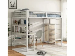 ModernLuxe Cama Alta|Cama alta 140x200 cm - estructura de hierro - con escritorio y estantes -