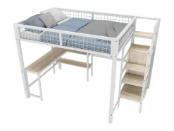 ModernLuxe Cama Alta|Cama alta 140x200 cm - estructura de hierro - con escritorio y estantes -