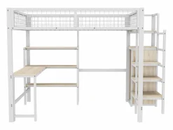 ModernLuxe Cama Alta|Cama alta 140x200 cm - estructura de hierro - con escritorio y estantes -