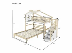 Cama alta 90x200 cm, barandillas, escalera con almacenaje, ventana, estructura de casa, cama inferior 140x200 cm /natural^ New