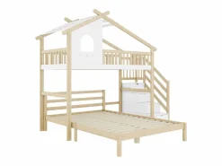 Cama alta 90x200 cm, barandillas, escalera con almacenaje, ventana, estructura de casa, cama inferior 140x200 cm /natural^ New