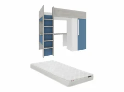 Cama alta 90x200 cm con armario y escritorio en azul y blanco + colchón - NICOLAS^Vente-unique