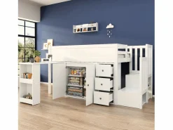 Merax Cama Alta|Cama alta 90x200 cm con escritorio deslizante, armario y 3 cajones - MDF - (sin colchón)