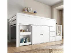 Merax Cama Alta|Cama alta 90x200 cm con escritorio deslizante, armario y 3 cajones - MDF - (sin colchón)