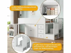 Merax Cama Alta|Cama alta 90x200 cm con escritorio deslizante, armario y 3 cajones - MDF - (sin colchón)
