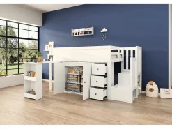 Merax Cama Alta|Cama alta 90x200 cm con escritorio deslizante, armario y 3 cajones - MDF - (sin colchón)