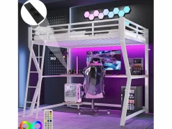 ModernLuxe Cama alta 90x200cm con LED y enchufes - escritorio + escalera - Blanco Hot