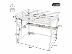 ModernLuxe Cama alta 90x200cm con LED y enchufes - escritorio + escalera - Blanco Hot