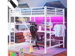 Cama alta 140x200cm con LED y enchufes - escritorio con 3 cajones y balda -^ModernLuxe Sale