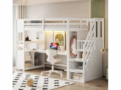 Cama altillo 90×200 cm - con armario y escritorio - escalera con almacenamiento - con tomas de corriente y LED -^ModernLuxe Outlet
