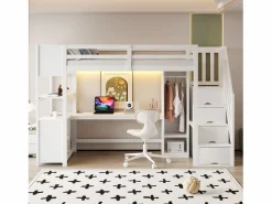 Cama altillo 90×200 cm - con armario y escritorio - escalera con almacenamiento - con tomas de corriente y LED -^ModernLuxe Outlet