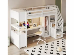 Cama altillo 90×200 cm - con armario y escritorio - escalera con almacenamiento - con tomas de corriente y LED -^ModernLuxe Outlet
