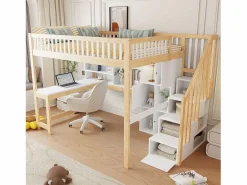 ModernLuxe Cama Alta|Cama altillo 140×200 cm - con iluminación LED - con escalera de almacenamiento - con estantes - con escritorio - Blanco + Natural (colchón no incluido)