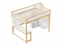ModernLuxe Cama Alta|Cama altillo 140×200 cm - con iluminación LED - con escalera de almacenamiento - con estantes - con escritorio - Blanco + Natural (colchón no incluido)