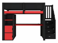 ModernLuxe Cama altillo de madera 140x200cm con LED y puerto USB - Escritorio y armario - Escalera de almacenamiento - Negro + Rojo​ (sin colchón) Negro / Rojo Discount
