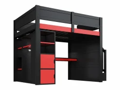 ModernLuxe Cama altillo de madera 140x200cm con LED y puerto USB - Escritorio y armario - Escalera de almacenamiento - Negro + Rojo​ (sin colchón) Negro / Rojo Discount