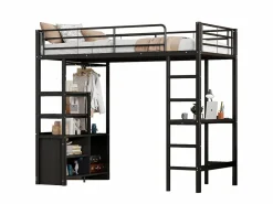 ModernLuxe Cama altillo de metal 90x200 cm - con escritorio + tomas USB + barreras - Negro Discount