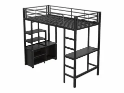 ModernLuxe Cama altillo de metal 90x200 cm - con escritorio + tomas USB + barreras - Negro Discount