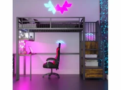 Cama altillo de metal 90x200 cm - con iluminación LED y toma de carga - incluye escalera de almacenamiento - con estantes y escritorio -^ModernLuxe New