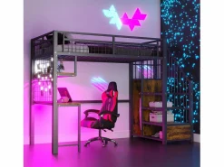 Cama altillo de metal 90x200 cm - con iluminación LED y toma de carga - incluye escalera de almacenamiento - con estantes y escritorio -^ModernLuxe New