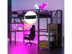 Cama altillo de metal 90x200 cm - con iluminación LED y toma de carga - incluye escalera de almacenamiento - con estantes y escritorio -^ModernLuxe New