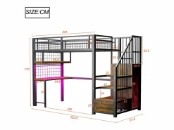 Cama altillo de metal 90x200 cm - con iluminación LED y toma de carga - incluye escalera de almacenamiento - con estantes y escritorio -^ModernLuxe New