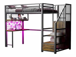 Cama altillo de metal 90x200 cm - con iluminación LED y toma de carga - incluye escalera de almacenamiento - con estantes y escritorio -^ModernLuxe New