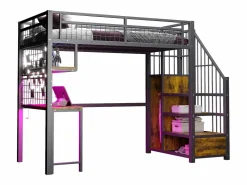Cama altillo de metal 90x200 cm - con iluminación LED y toma de carga - incluye escalera de almacenamiento - con estantes y escritorio -^ModernLuxe New