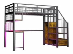 Cama altillo de metal 90x200 cm - con iluminación LED y toma de carga - incluye escalera de almacenamiento - con estantes y escritorio -^ModernLuxe New