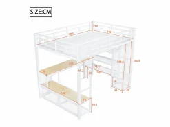 ModernLuxe Cama Alta|Cama altillo de metal 140x200 cm - con escritorio y estantes - con perchero abierto - Puerto USB e iluminación LED - ​ (sin colchón)