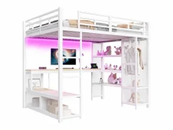ModernLuxe Cama Alta|Cama altillo de metal 140x200 cm - con escritorio y estantes - con perchero abierto - Puerto USB e iluminación LED - ​ (sin colchón)