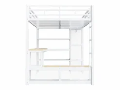 ModernLuxe Cama Alta|Cama altillo de metal 140x200 cm - con escritorio y estantes - con perchero abierto - Puerto USB e iluminación LED - ​ (sin colchón)