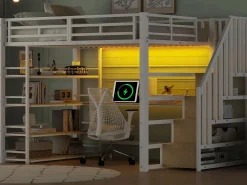 ModernLuxe Cama altillo de metal 140x200cm - con escritorio y compartimentos de almacenamiento - con luz LED y puerto USB - MDF - ​ (colchón no incluido) Blanco Clearance