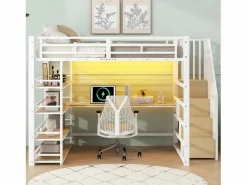ModernLuxe Cama altillo de metal 140x200cm - con escritorio y compartimentos de almacenamiento - con luz LED y puerto USB - MDF - ​ (colchón no incluido) Blanco Clearance
