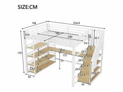 ModernLuxe Cama altillo de metal 140x200cm - con escritorio y compartimentos de almacenamiento - con luz LED y puerto USB - MDF - ​ (colchón no incluido) Blanco Clearance