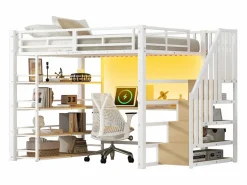ModernLuxe Cama altillo de metal 140x200cm - con escritorio y compartimentos de almacenamiento - con luz LED y puerto USB - MDF - ​ (colchón no incluido) Blanco Clearance