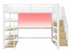 ModernLuxe Cama altillo de metal 140x200cm - con escritorio y compartimentos de almacenamiento - con luz LED y puerto USB - MDF - ​ (colchón no incluido) Blanco Clearance