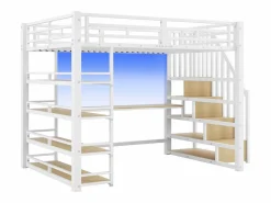 ModernLuxe Cama altillo de metal 140x200cm - con escritorio y compartimentos de almacenamiento - con luz LED y puerto USB - MDF - ​ (colchón no incluido) Blanco Clearance